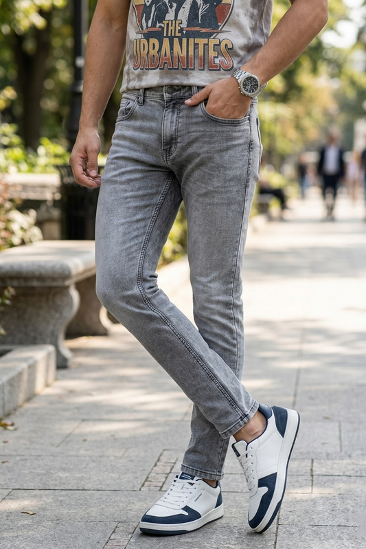 Khinwaj Men Light Grey Silver Wash Narrow Fit Denim Jeans Premium