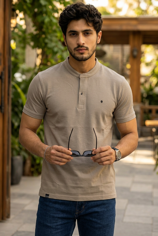 Men Solid Beige Mandarin Collar Polo T-Shirt - Premium Sinker Slim Fit 13058
