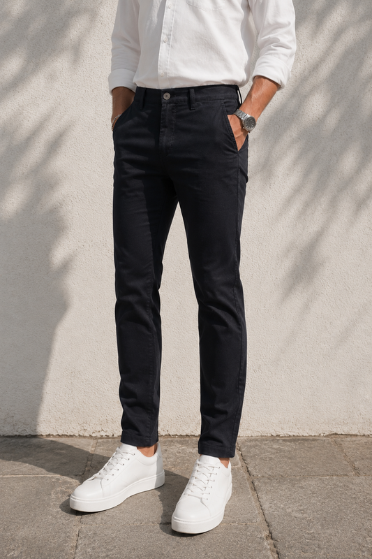 Men Black Micro-Textured Cotton Chinos | Stylish Narrow Fit Pants