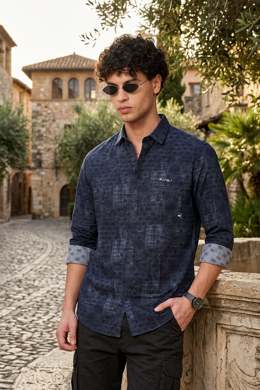 Navy Blue Geometric Print Shirt for Men | Stylish Party Wear Fit Zero