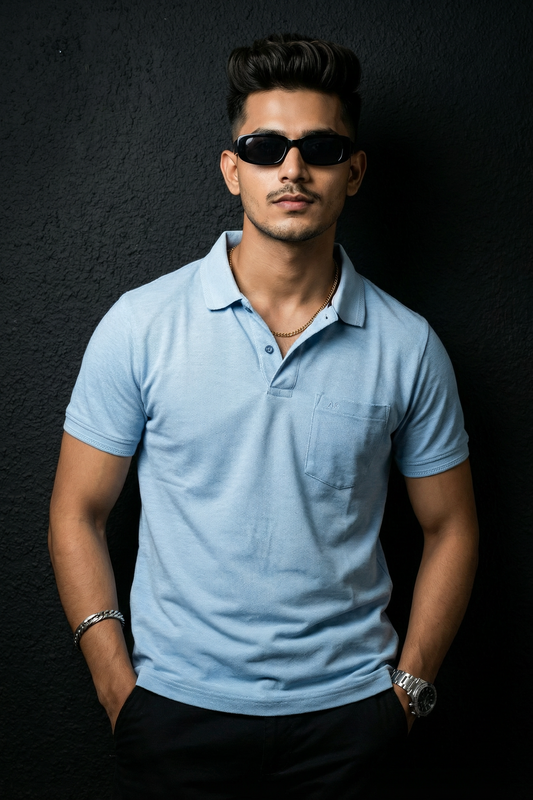 Men Skyblue Cotton Polo T-Shirt with Pocket - Casual Short Sleeve Slim Fit 8622