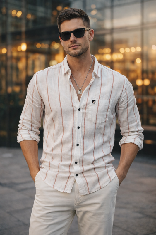 Men Rust Striped Shirt Outfit – Modern Street Style Look 261049715