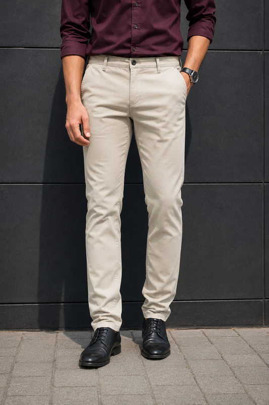 Men Cream Textured Narrow Fit Structure Pants for Men | Office & Casual Wear