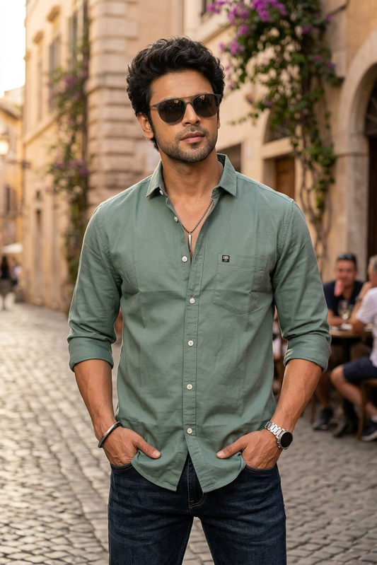 Men Slim Fit Dark Pista Cotton Casual Shirt - Premium Smart-Casual Wear JK
