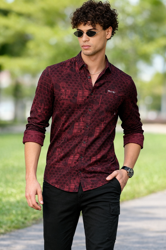 Maroon Geometric Print Shirt for Men | Stylish Party Wear Fit Zero