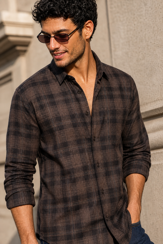 Beige & Black Plaid Long Sleeve Shirt KEV-592