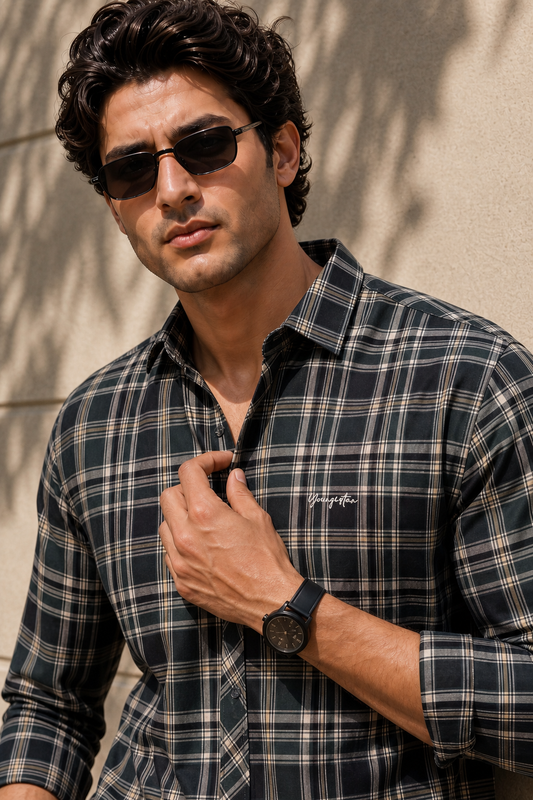 Men Green Plaid Long Sleeve Shirt – Stylish Casual Button-Up