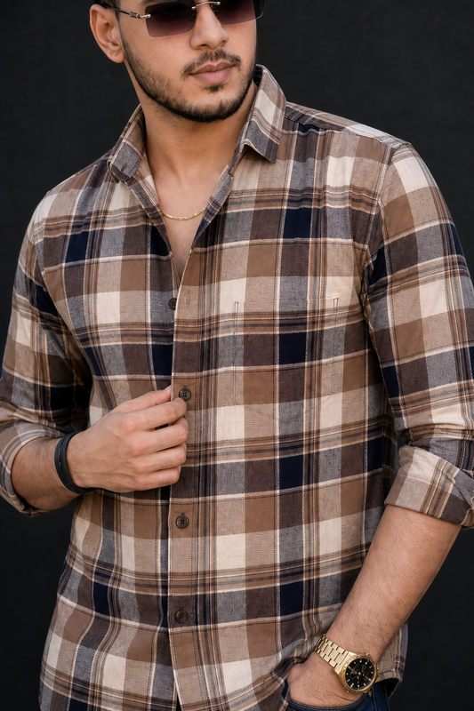 Men Brown Beige Plaid Shirt – Full Sleeve Casual Wear PRA-568
