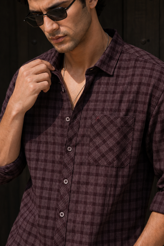 Men Wine Plaid Full Sleeve Shirt – Casual Checkered Shirt