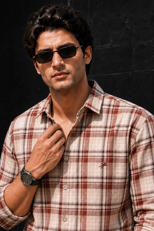 Men Brown and Cream Plaid Shirt – Full Sleeve Casual Check Shirt 2004-R