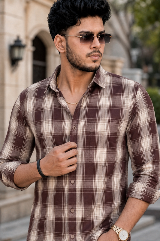 Men Coffee Checkered Shirt for Men | Classic Long Sleeve Plaid Shirt