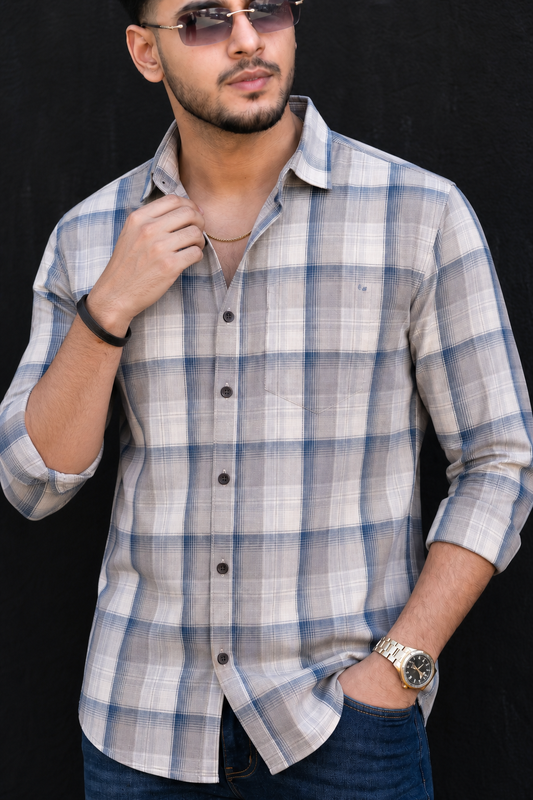 Grey & Blue Plaid Shirt for Men – Casual Long Sleeve Shirt