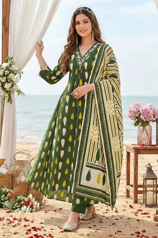 Women Floral Pure Cotton Kurta, Churidar & Dupatta Set-Green-261014108
