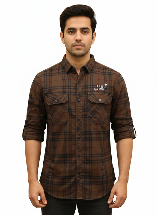 Men's Casual Check Shirt in Coffee Color