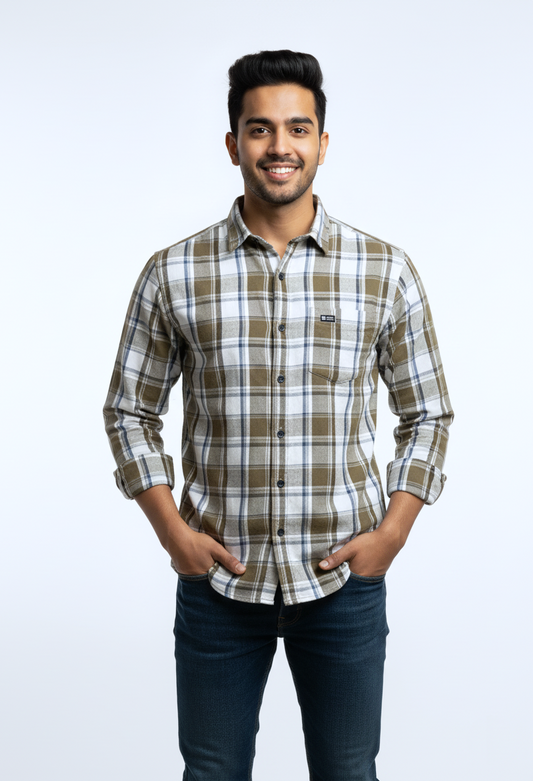 Men's Casual Check Shirt in Olive Color