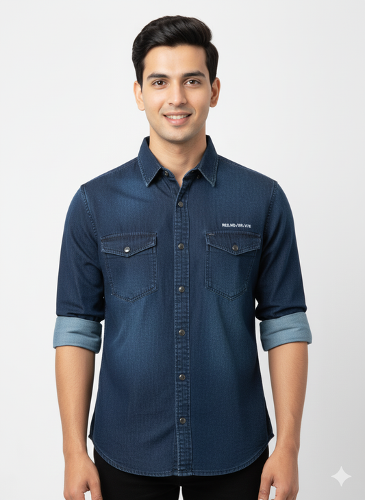 Men's Casual Plain Denim Shirts in Dark Blue