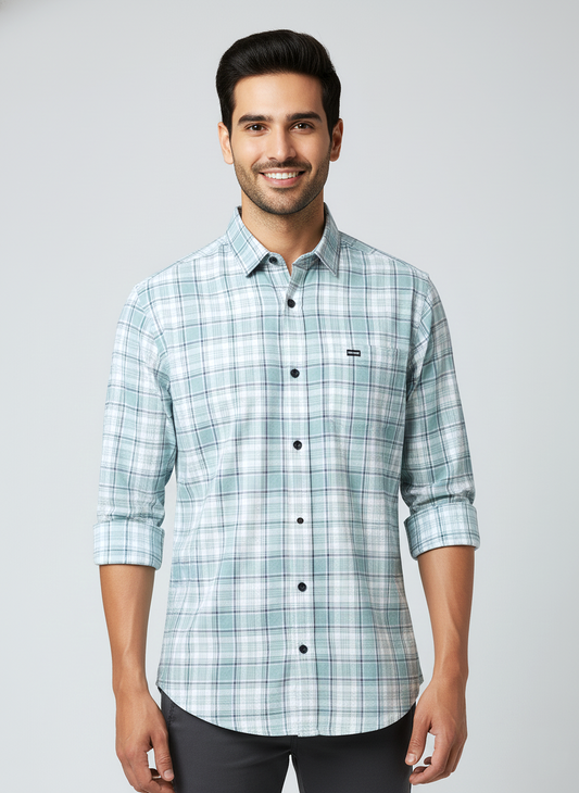 Men's Casual Check Shirt in Pista Color