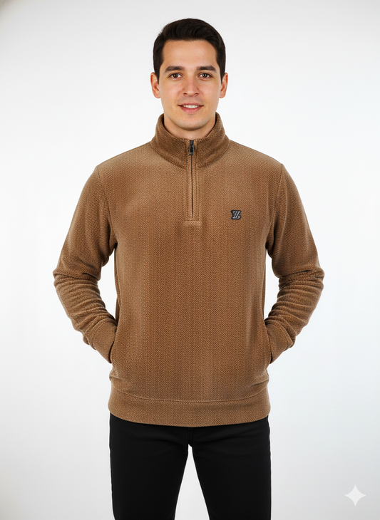 Men's Brown Quarter-Zip Textured Sweatshirt - Stylish & Comfortable