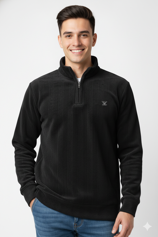 Men's Black Quarter-Zip Textured Sweatshirt - Stylish & Comfortable