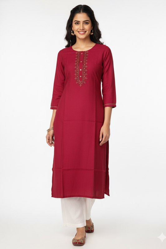 Women Maroon Embroidered Straight Kurti 251140071