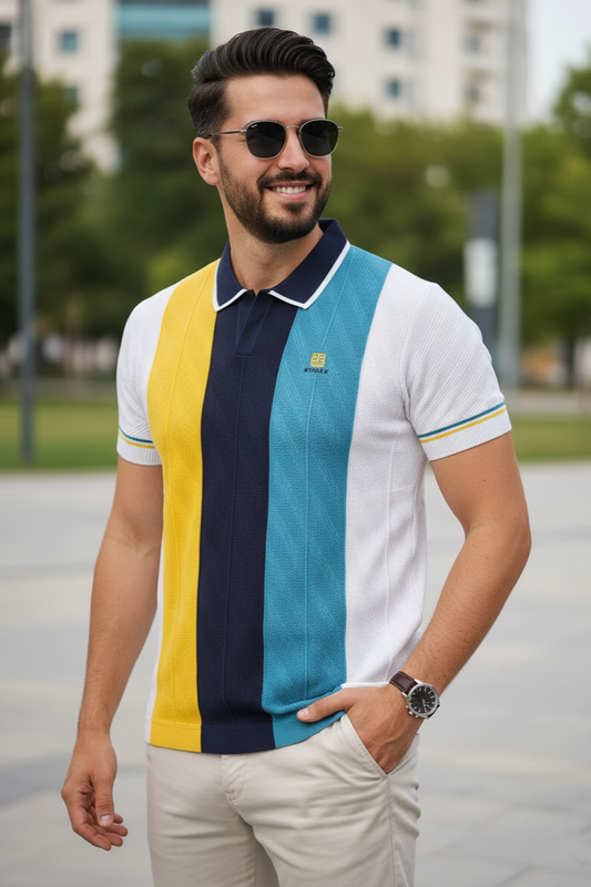 Men Yellow Retro Vertical Striped Knit Polo T-Shirt - Slim Fit 261040580