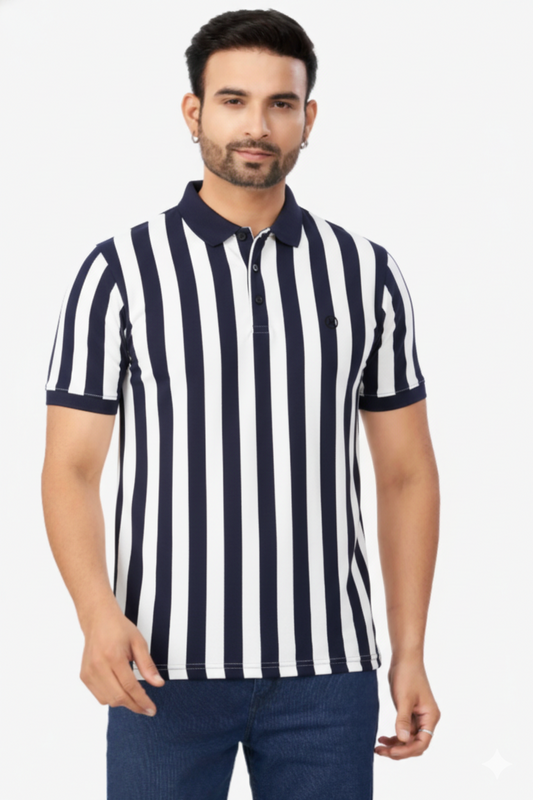 Men Navy Blue-White Vertical Polo T-Shirt | Casual Slim Fit 251181246