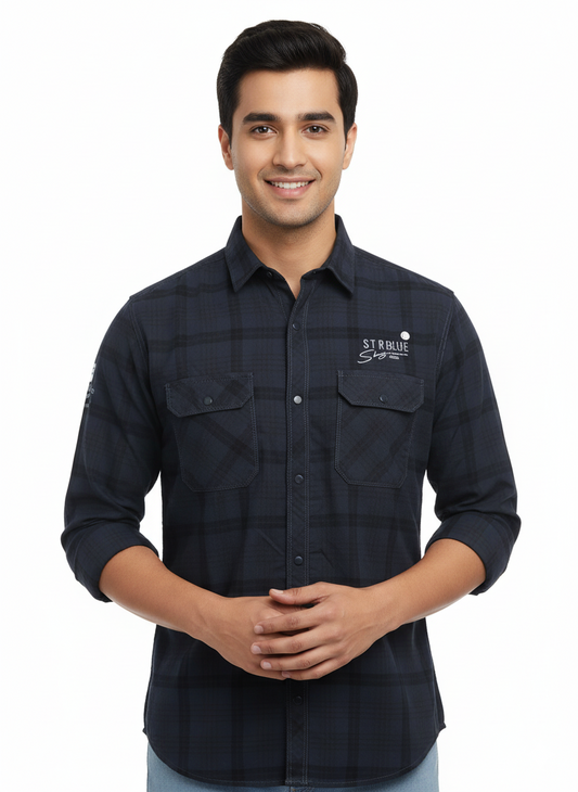 Men's Casual Check Shirt in Dark Grey Color