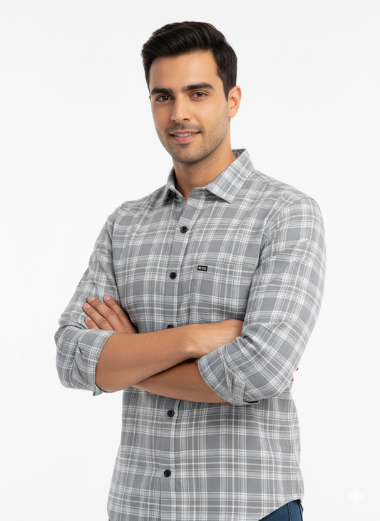 Men's Casual Check Shirt in Grey
 Color