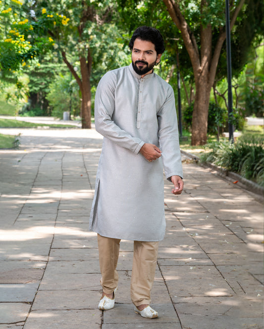 men's grey color kurta set - traditional ethnic wear