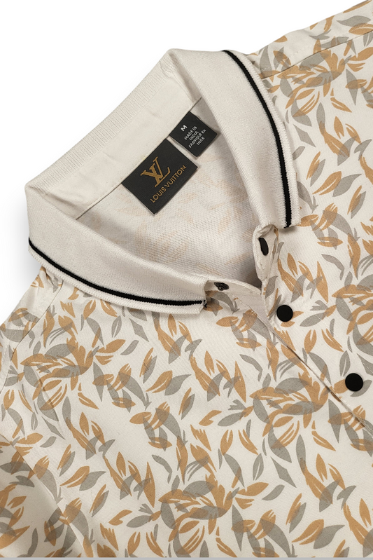 Men White Leaf Print Polo T-Shirt