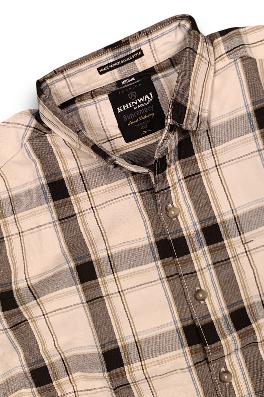 Men Off White Plaid Shirt | Black Grey Checks Full Sleeve KEV-597