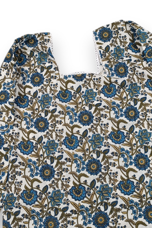 Women White Blue Floral Vine Print With Backlace Short Kurti 3561