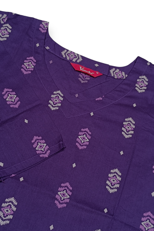 Women Purple Cotton Kurti with White Lavender Ikat Booti Print ATL101
