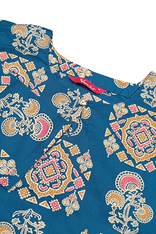 Women Teal Blue Cotton Kurti with Mandala Ajrakh Block Print ATL101