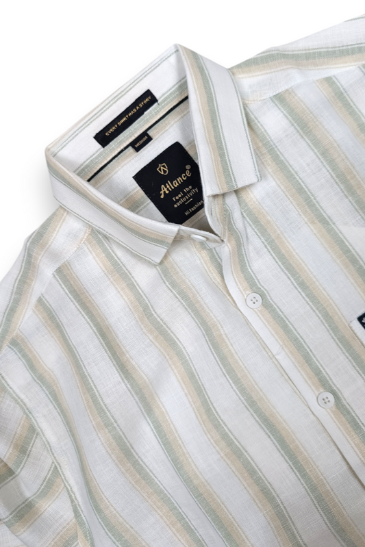 Men Beige & Pista White Bold Striped Linen Cotton Shirt Long Sleeve Office & Casual Wear SUGA-525