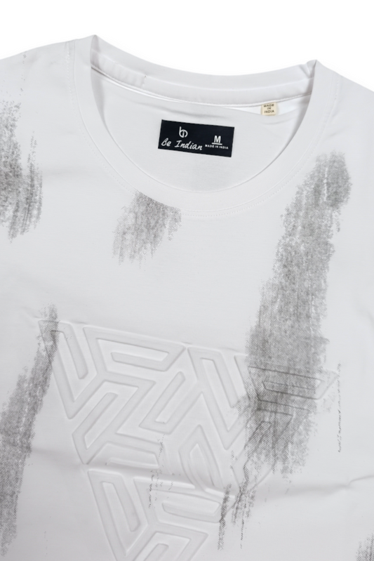 Men White Embossed Geometric Printed Round Neck T-Shirt ATL80207