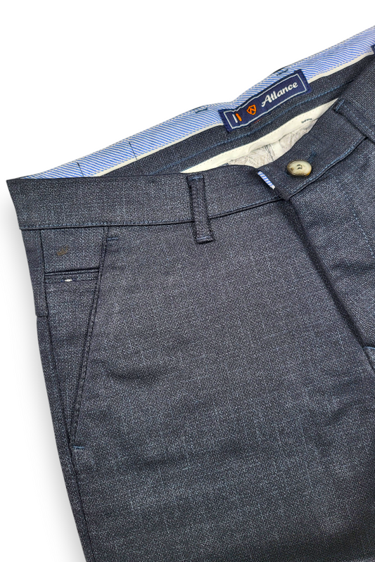 Men Slim Fit Navy Blue Textured Structure - Premium Cotton Trousers 5126