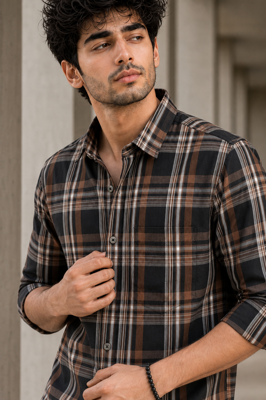 Men Brown & Black Checked Shirt - Long Sleeve KEV-5970