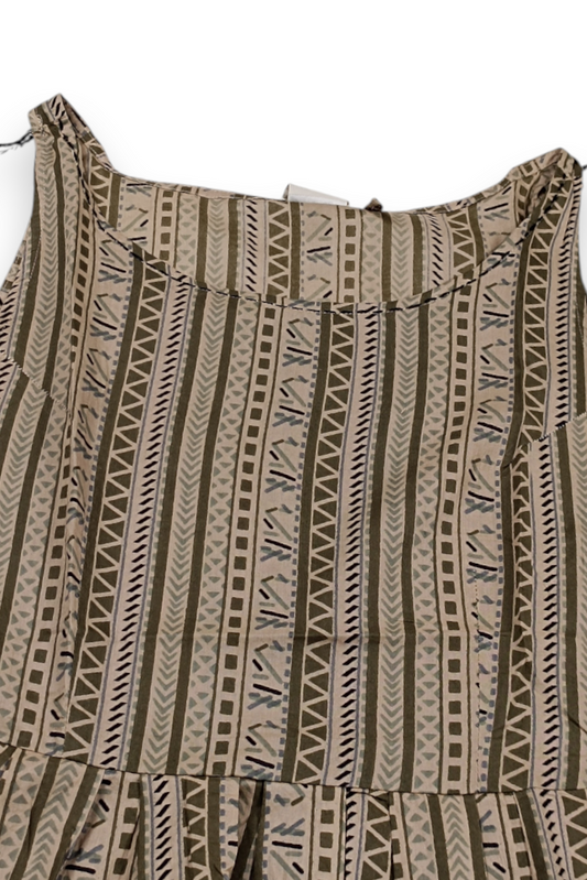 Women Olive Floral Printed Short Kurti - Sleeveless Peplum Top with Tassels ATL7194