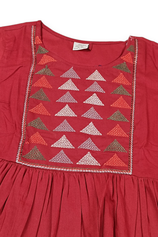 Women Rust Short Kurti - Embroidered Yoke - 3/4 Sleeve ATL5271