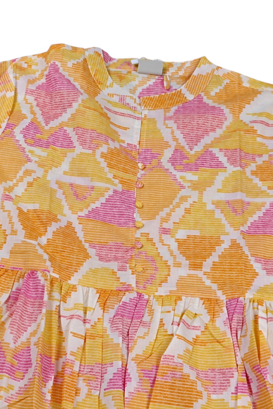 Women Yellow Floral Cotton Short Frock Kurti - 3/4 Sleeves ATL5255