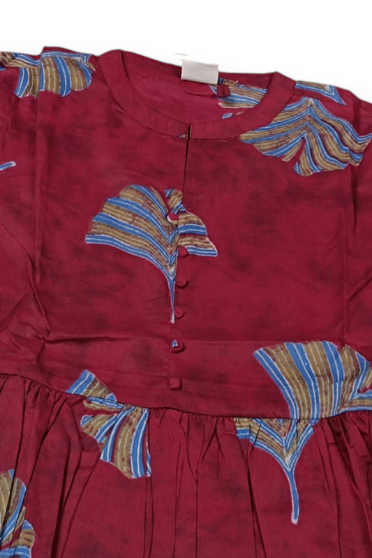 Women Maroon Floral Cotton Short Frock Kurti - 3/4 Sleeves ATL5255