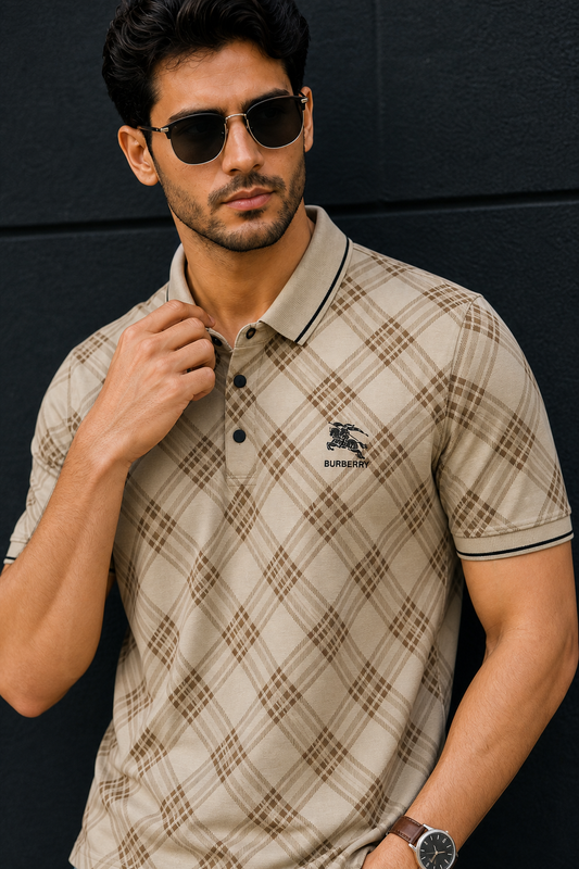 Men Beige Checked Polo Tshirt - Half Sleeve 119