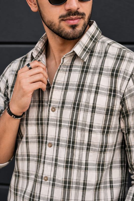 Men White & Green Checked Shirt - Full Sleeve KEV-5970