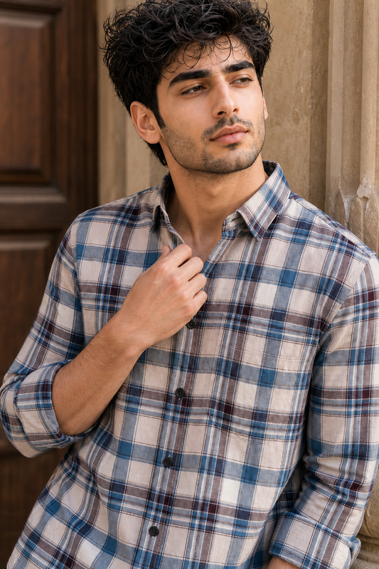 Men Medium Blue & Brown Plaid Button-Up Shirt KEV-597-24