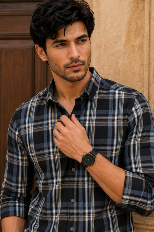 Men Black & Blue Plaid Flannel Shirt – Long Sleeve KEV-597-8