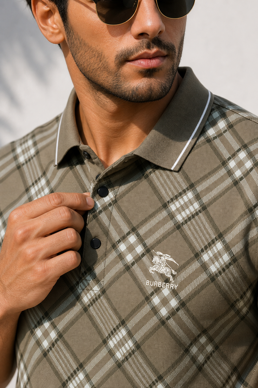 Men Olive Checked Polo Tshirt - Half Sleeve 119