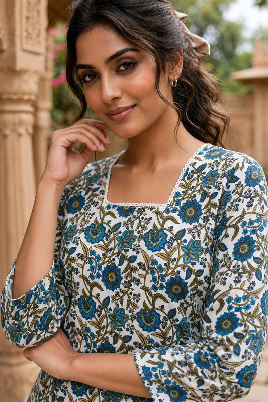 Women White Blue Floral Vine Print With Backlace Short Kurti 3561
