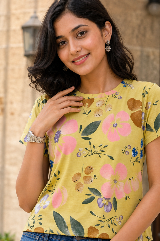 Women Yellow Floral Print Round Neck T-Shirt M-7236-13