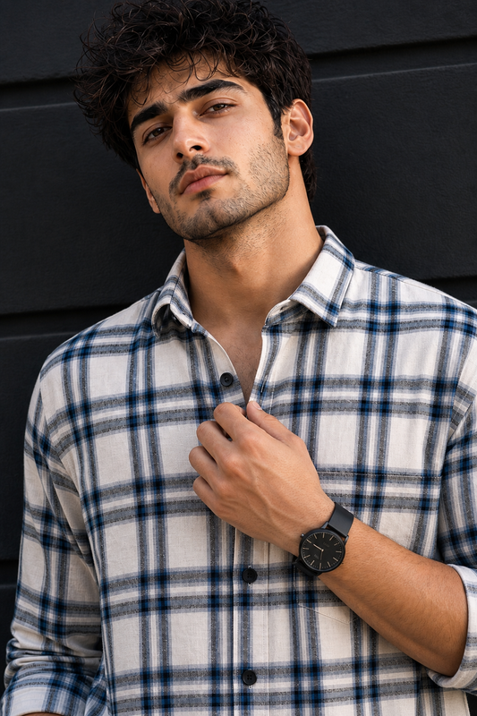 Men White Check Shirt - Full Sleeve Casual Plaid Shirt PRA-568-1